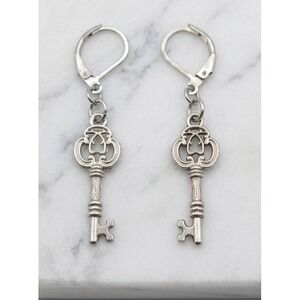 Handmade Earrings Silver Tone Whimsical Skeleton Key Stainless Steel Leverback